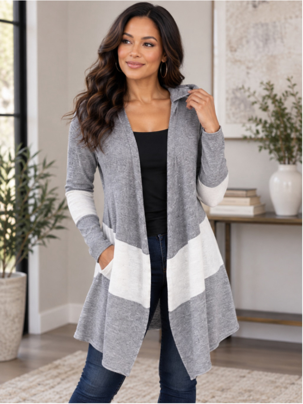Olivia Sky Gray Colorblock Open Drape Hooded Cardigan – Women’s Size S